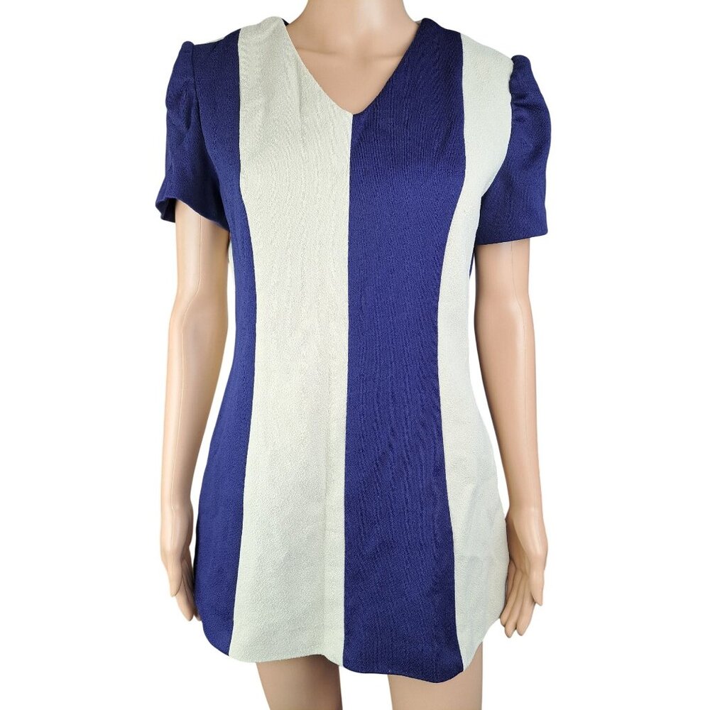 Vintage Handmade Blue Cream Colorblock Short Sleeve Mini Dress Medium Mod Space - Picture 3 of 12